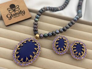 Royal Peacock Pearl & Deep Blue Stone Jewelry Set – 8-9mm Freshwater Pearl Necklace with Earrings