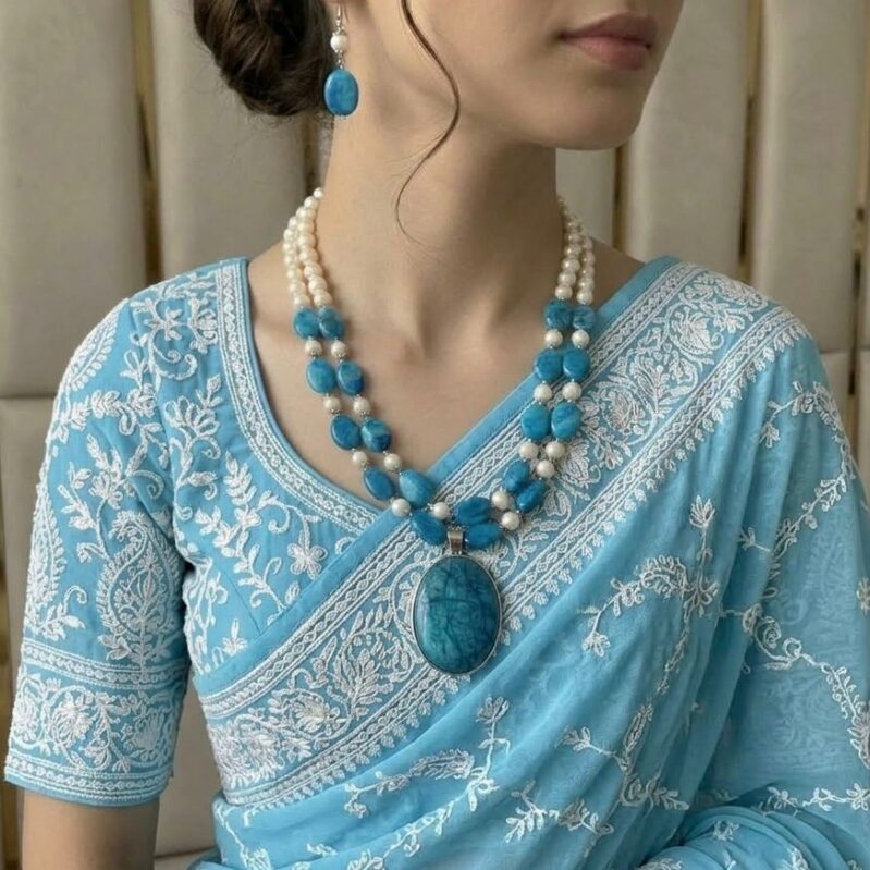 Double-Strand Freshwater White Pearl & Marble Blue Jasper Stone Necklace Set with Pendant