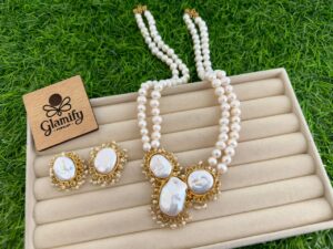 AAA Grade White Freshwater Pearl Necklace Set with Mother of Pearl Locket & Earrings