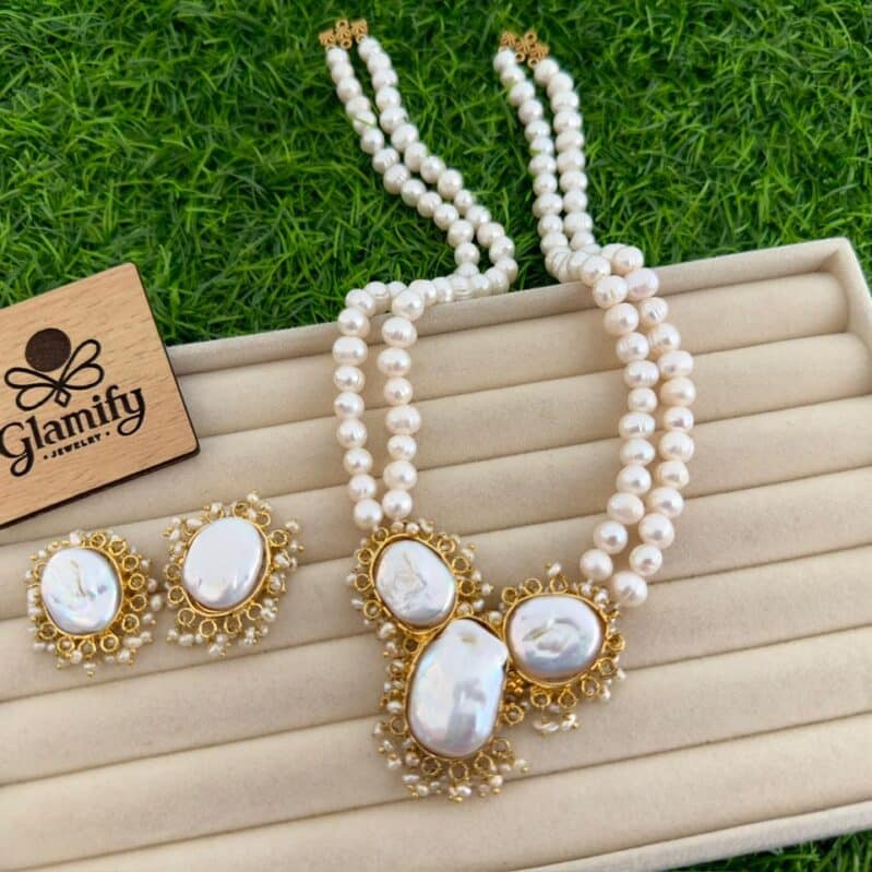 AAA Grade White Freshwater Pearl Necklace Set with Mother of Pearl Locket & Earrings