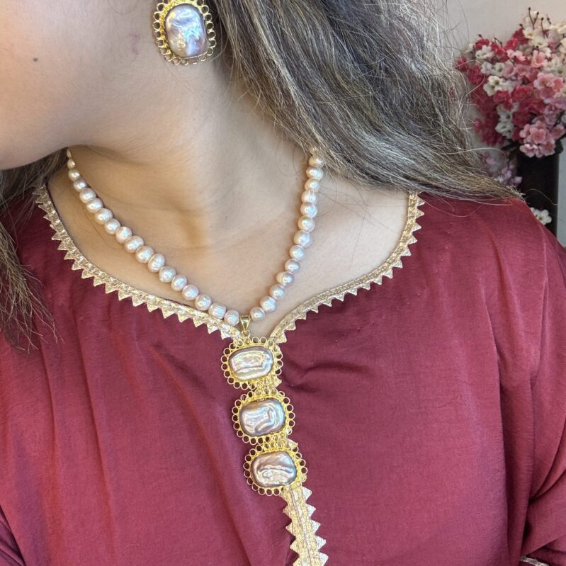 Pearl Necklace Set with Triple Drop Pendant & Matching Earrings