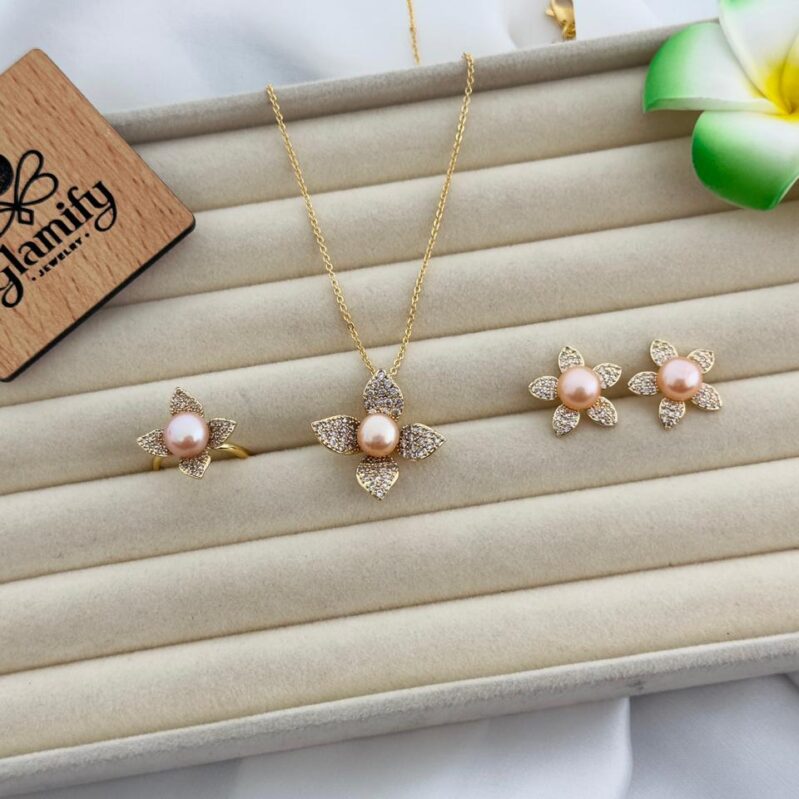 AAA Grade Freshwater White Pearl Pendant Set – Gold Plated | Adjustable Ring