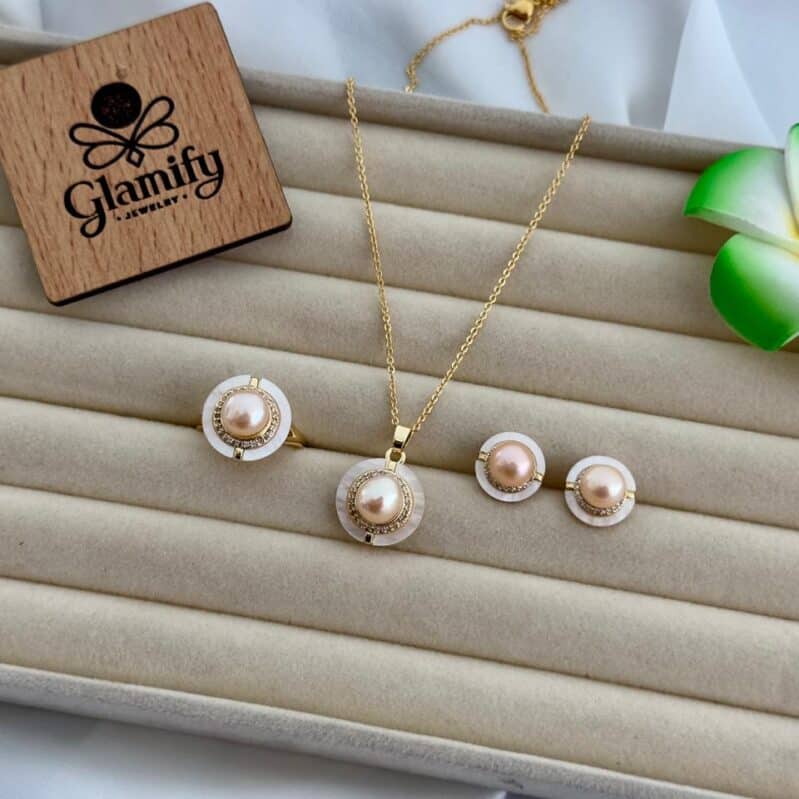 Freshwater Pearl Pendant Set Matching Earrings – Gold Plated | Adjustable Ring