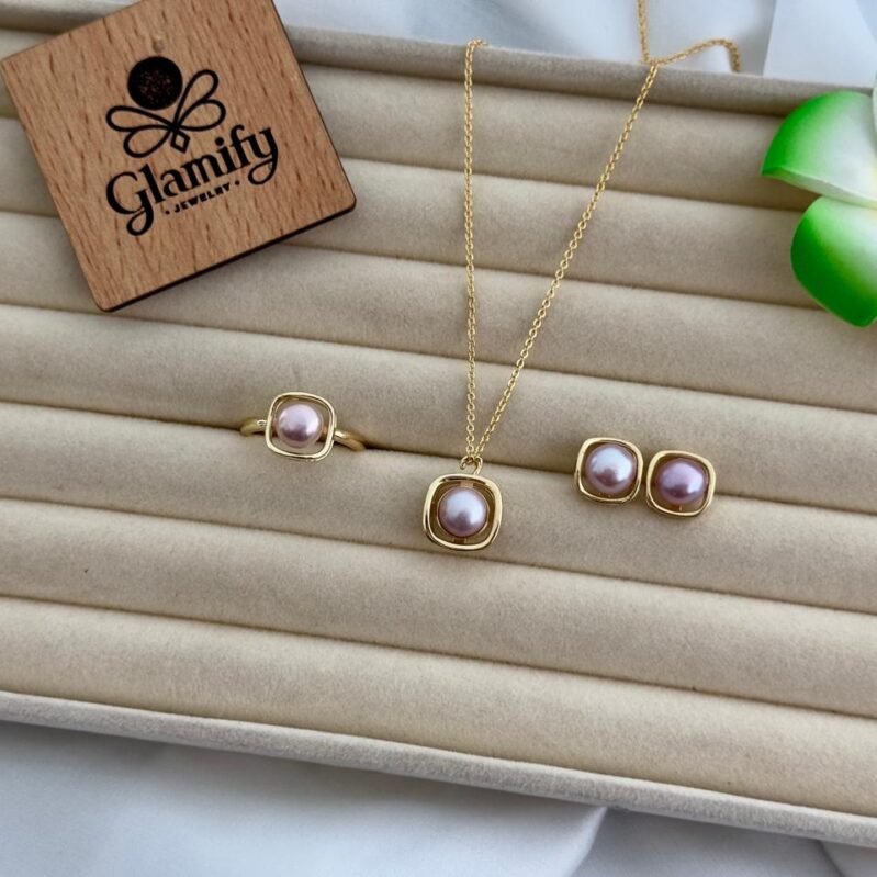 Purple Freshwater Pearl Pendant Set with Gold Plated Chain & Matching Earrings