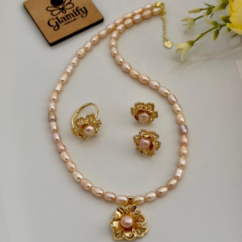 Pink Rice Pearl Necklace Set with Floral Pendant