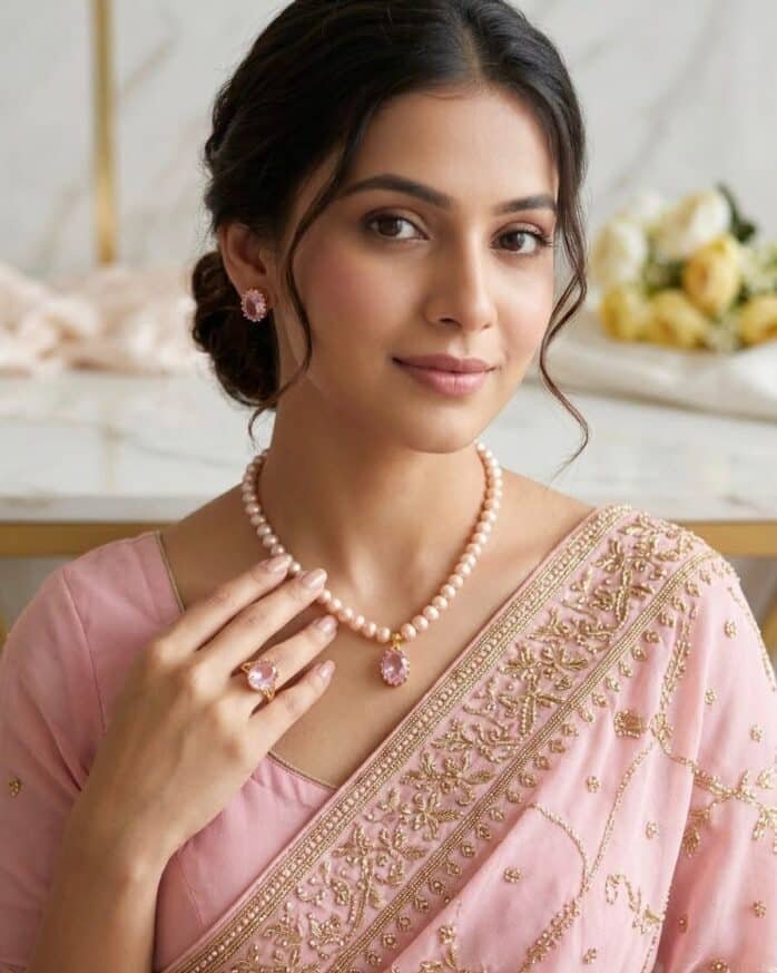 Pink Round Pearl Necklace Set with Crystal Pendant