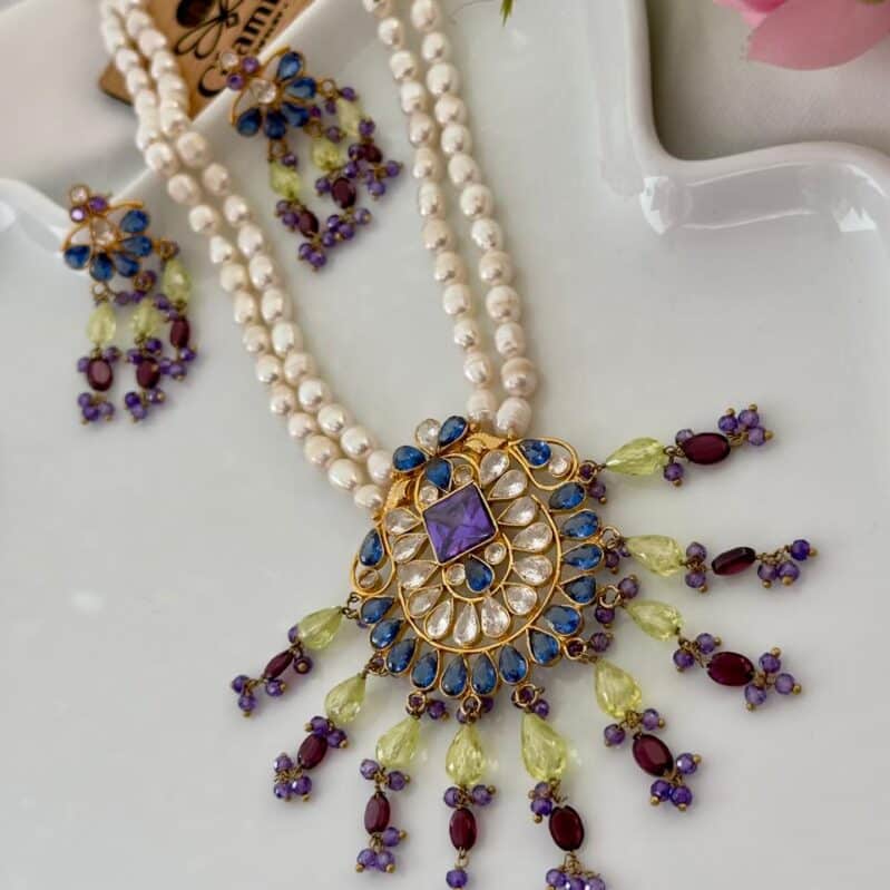 Rice Pearl & Multi-color Crystal Stone Pendant Necklace Set