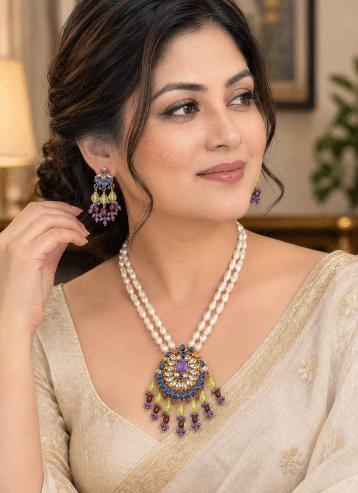 Rice Pearl & Multi-color Crystal Stone Pendant Necklace Set