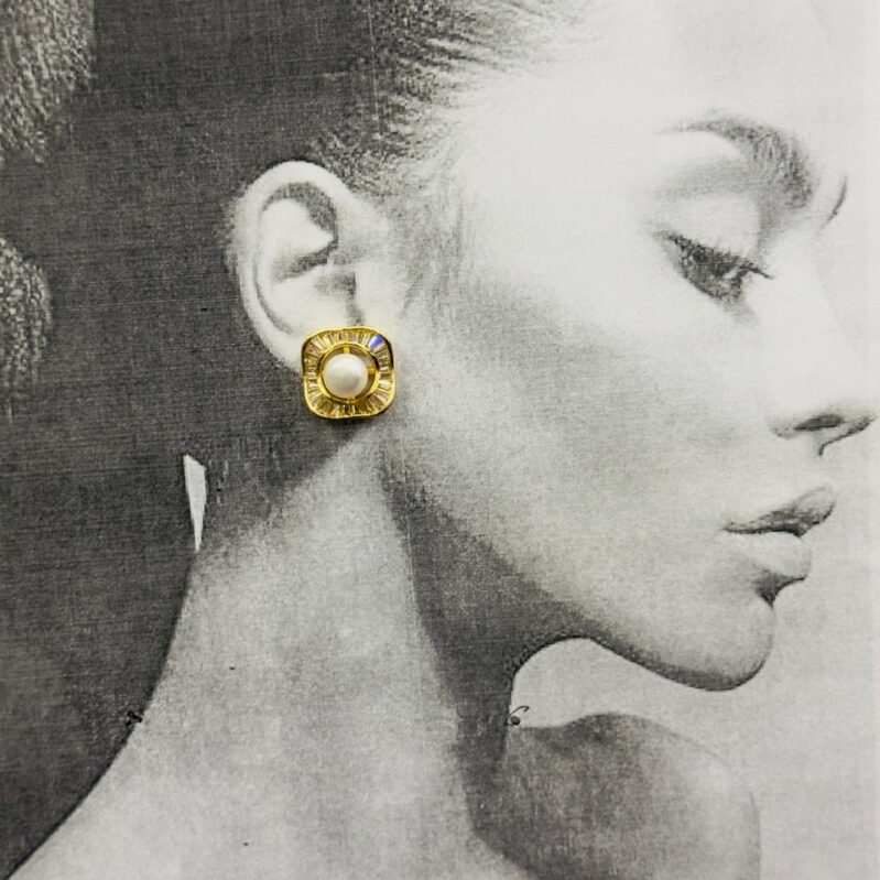 Gold Plated Pearl Stud Earrings with Crystal Border