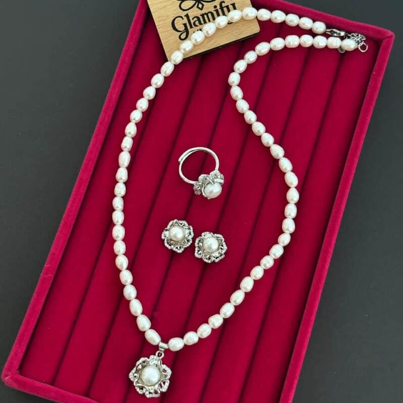 Freshwater Rice Pearl Necklace Set with Ring & Earrings