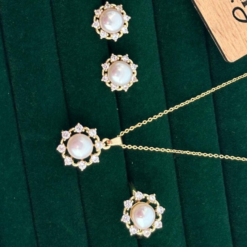 Freshwater Pearl Floral Jewelry Set with Necklace, Earrings & Ring