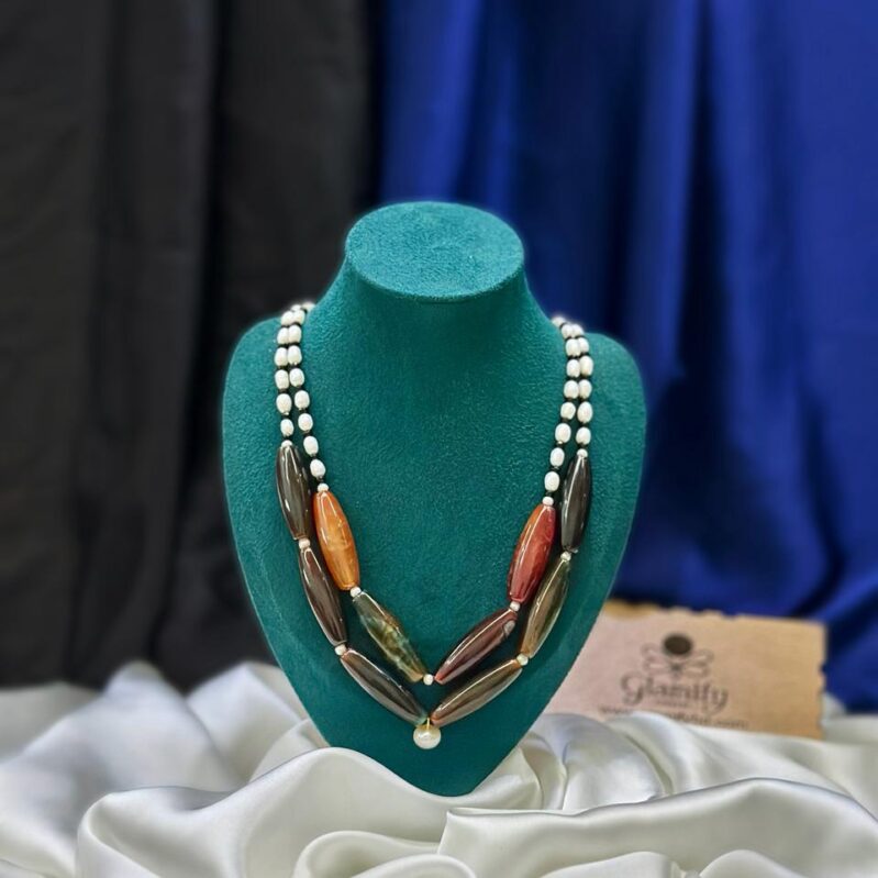 Natural Multi-color Agate (Akik) Stones & White Rice Pearl Necklace