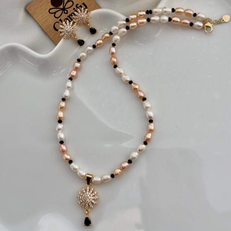 White & Pink Rice Pearl Necklace Set with Crystal Pendant