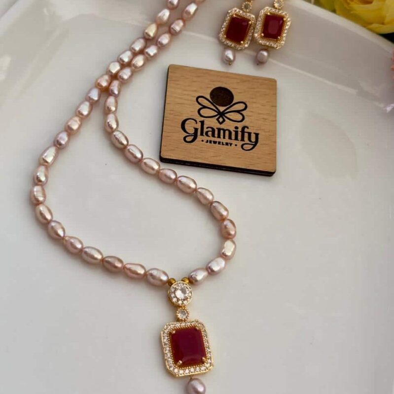 Purple Rice Pearl Necklace Set with Ruby Red Pendant & Matching Earrings