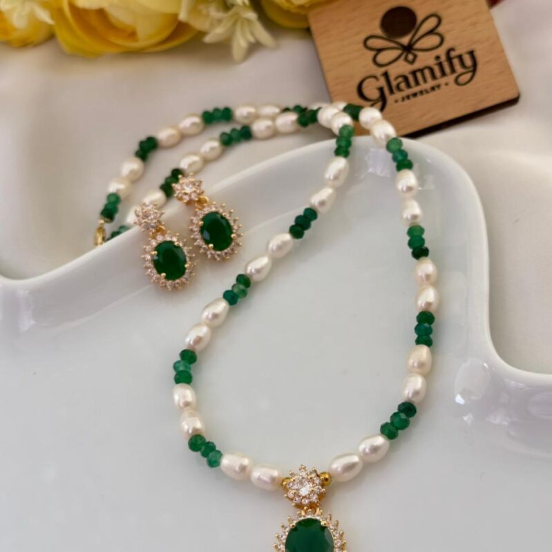 Rice Pearl Necklace Set with Green Stone Pendant & Matching Earrings