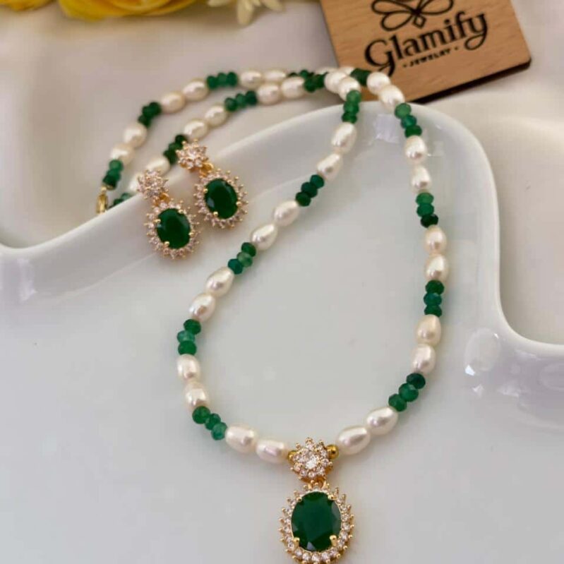 Rice Pearl Necklace Set with Green Stone Pendant & Matching Earrings