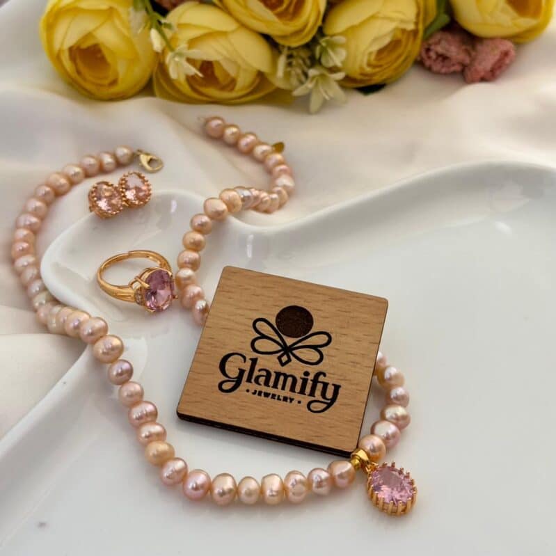 Pink Round Pearl Necklace Set with Crystal Pendant