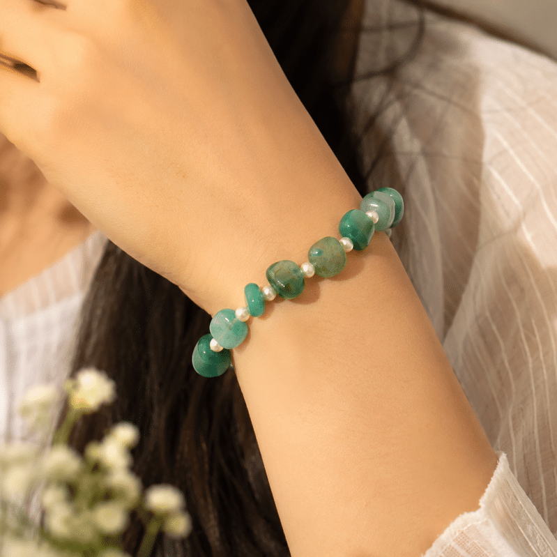 Natural Green Dragon Vein Agate & Freshwater Pearl Bracelet