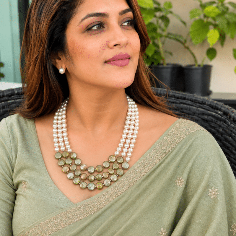 Green Coin Pearl & AAA Grade Freshwater Pearl Necklace