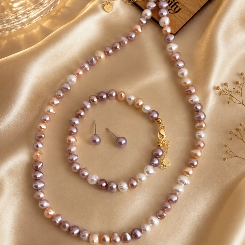 Multi Color Pearl Necklace Set with Bracelet & EarTop