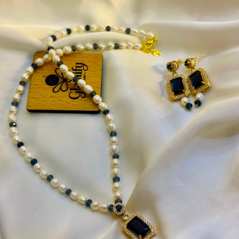 Blue Sapphire Rice White Pearl Necklace