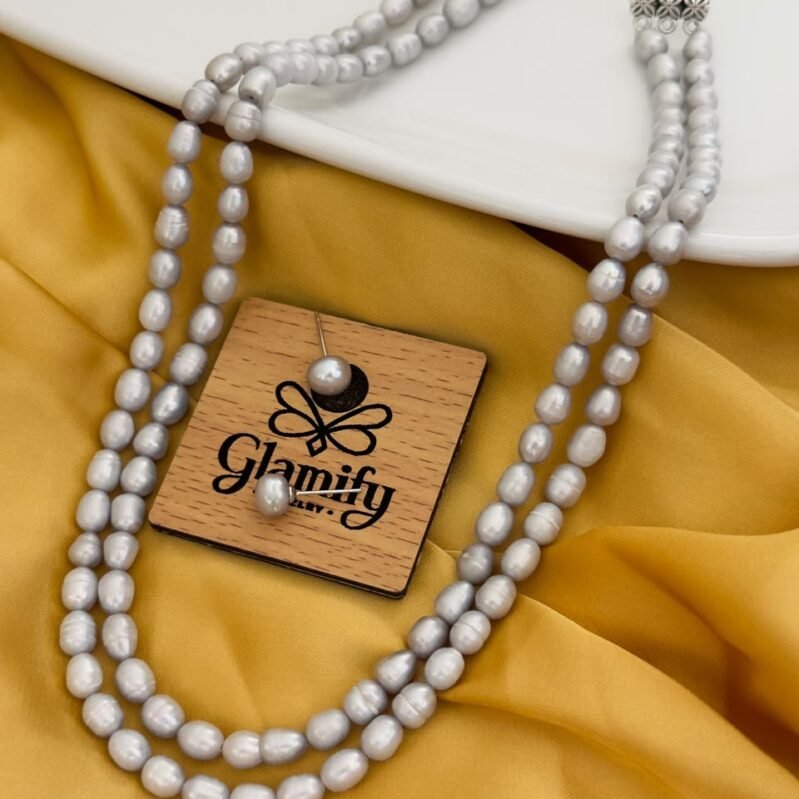Ash Color Freshwater Pearl Double Layer Necklace Set