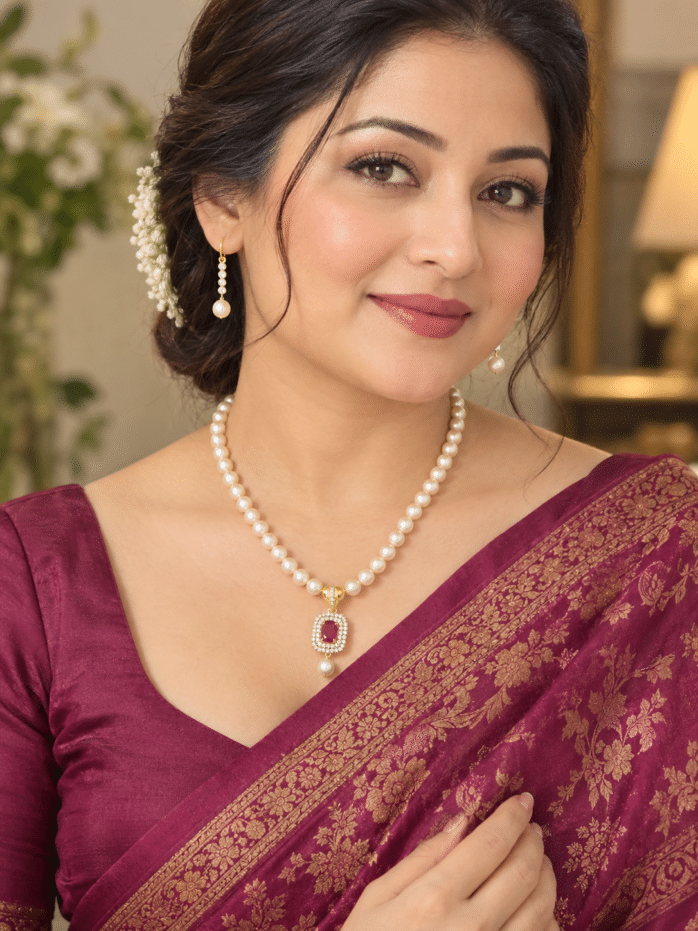 Freshwater Pearl Necklace Set with Red Ruby Pendant