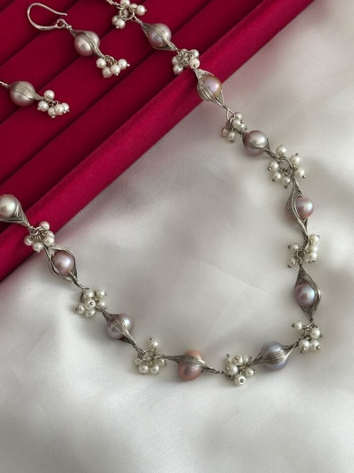 Freshwater Pearl Necklace & Earring Set with Silver Wire Detailing (Handcrafted Design)