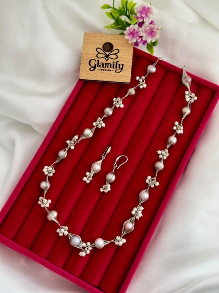 Freshwater Pearl Necklace & Earring Set with Silver Wire Detailing (Handcrafted Design)