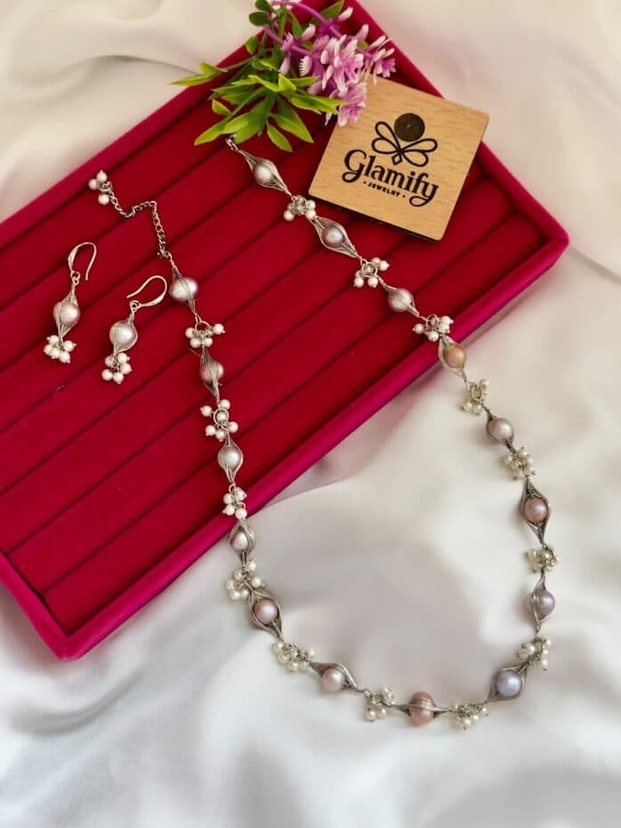 Freshwater Pearl Necklace & Earring Set with Silver Wire Detailing (Handcrafted Design)