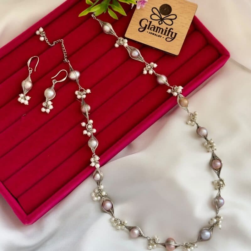 Freshwater Pearl Necklace & Earring Set with Silver Wire Detailing (Handcrafted Design)