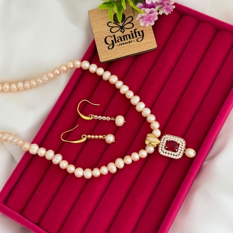 Freshwater Pearl Necklace Set with Red Ruby Pendant