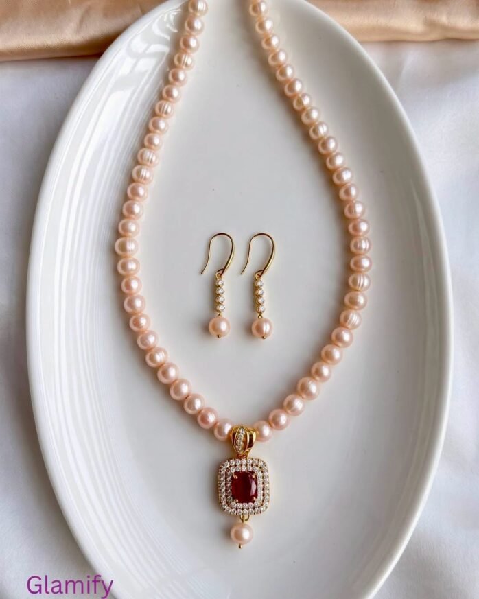 Freshwater Pearl Necklace Set with Red Ruby Pendant