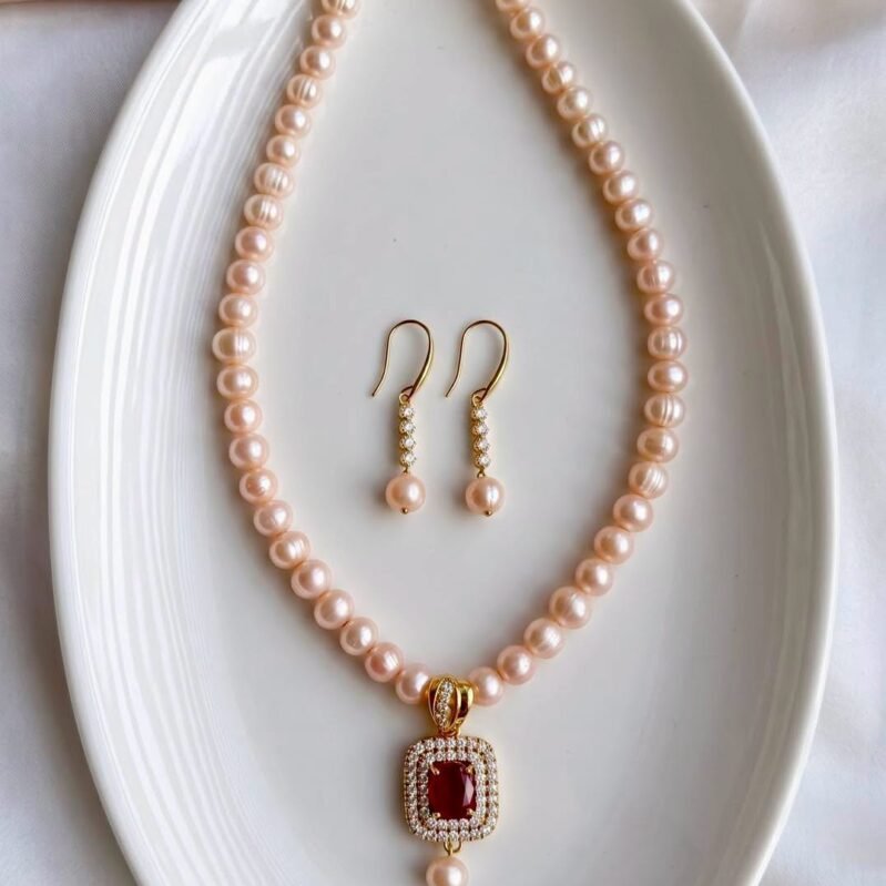 Freshwater Pearl Necklace Set with Red Ruby Pendant
