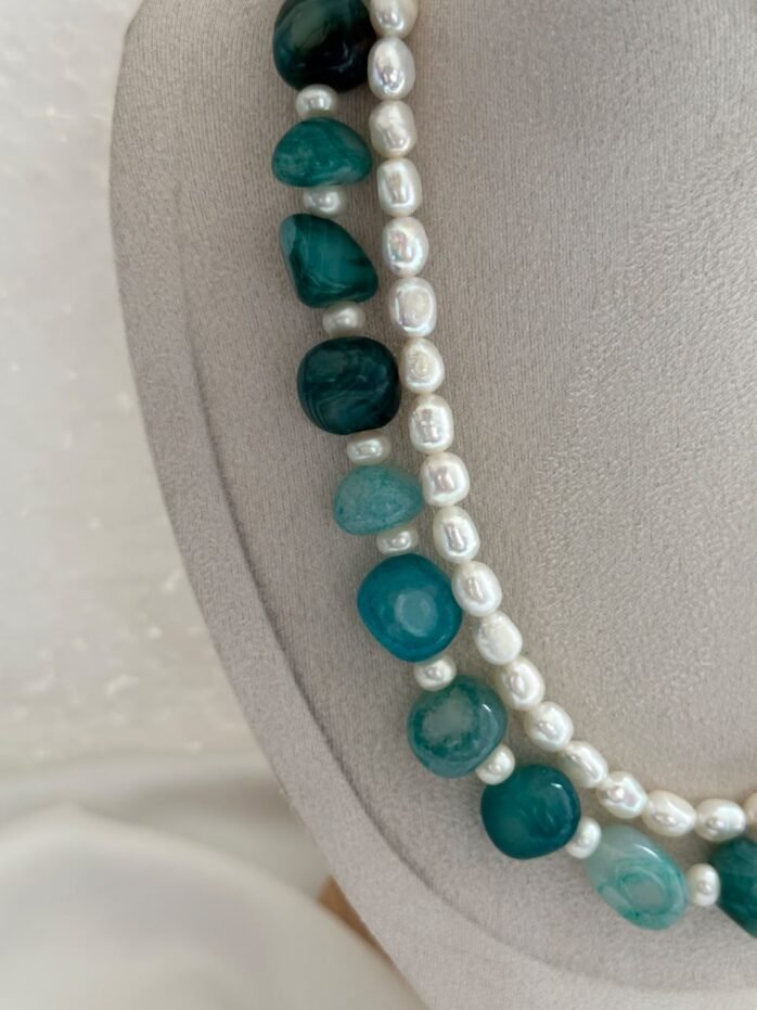 Natural Green Dragon Vein Agate & AAA Freshwater Pearl Double Layer Necklace