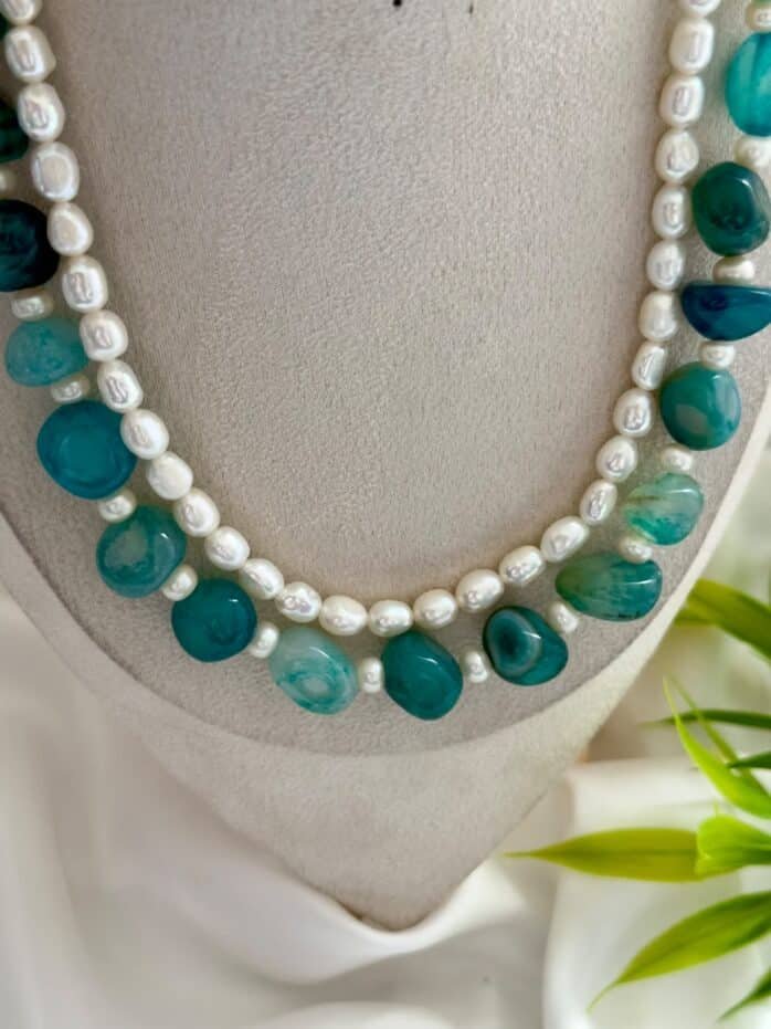 Natural Green Dragon Vein Agate & AAA Freshwater Pearl Double Layer Necklace
