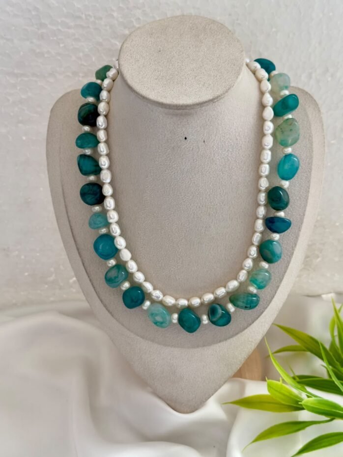 Natural Green Dragon Vein Agate & AAA Freshwater Pearl Double Layer Necklace