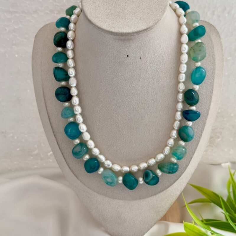 Natural Green Dragon Vein Agate & AAA Freshwater Pearl Double Layer Necklace
