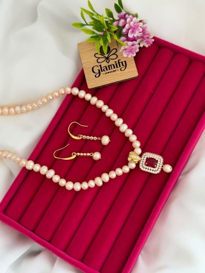 Pink Freshwater Pearl Necklace with Red Ruby Pendant