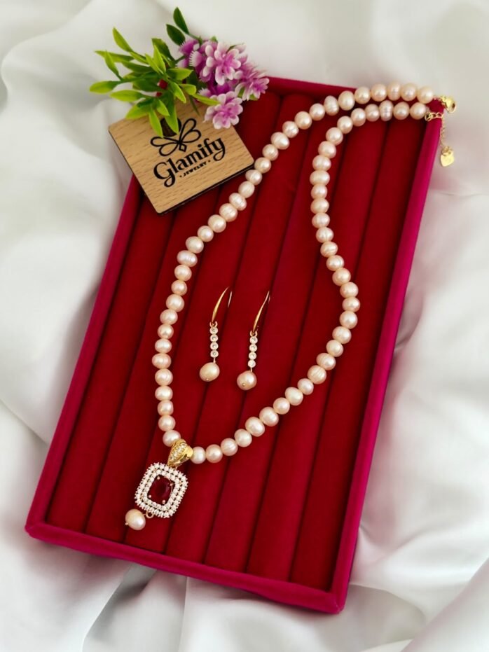 Pink Freshwater Pearl Necklace with Red Ruby Pendant