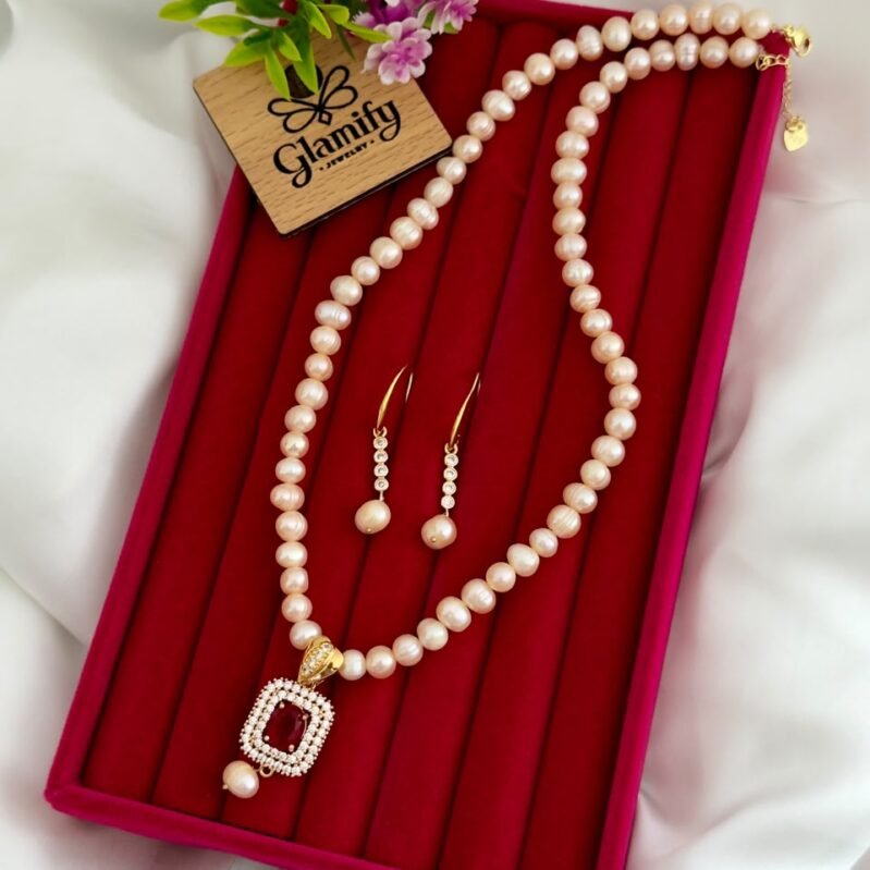 Pink Freshwater Pearl Necklace with Red Ruby Pendant