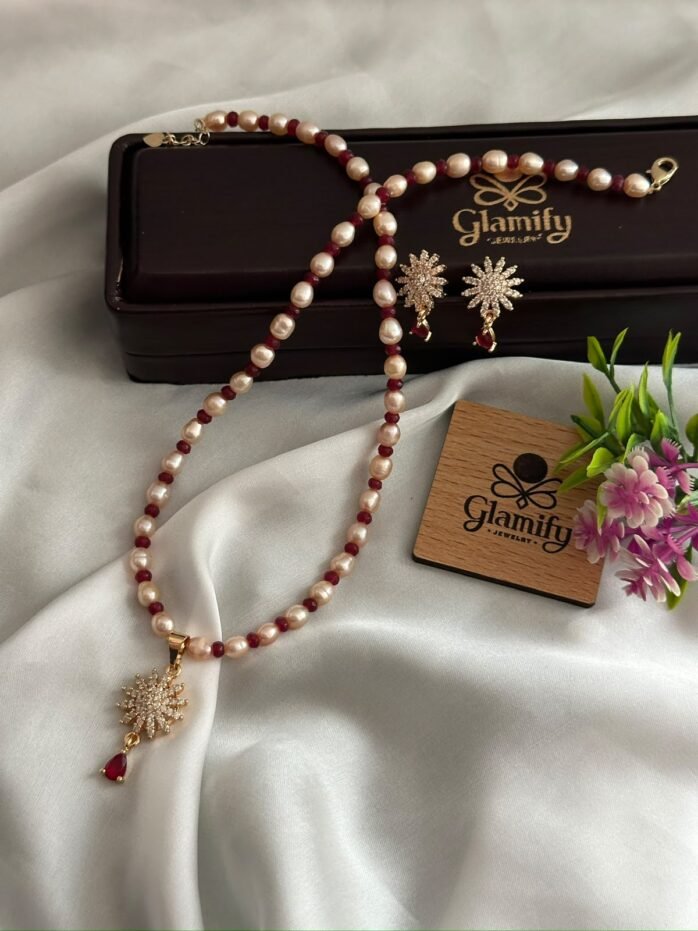 Pink Rice Pearl Necklace Set with Ruby Accents