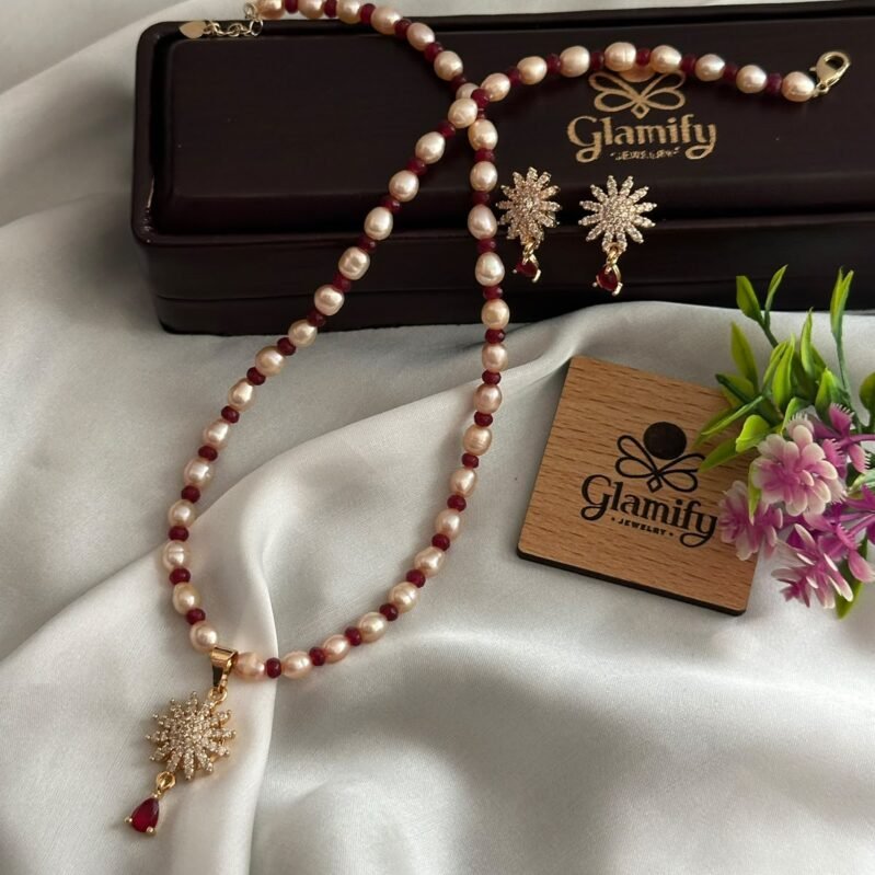 Pink Rice Pearl Necklace Set with Ruby Accents