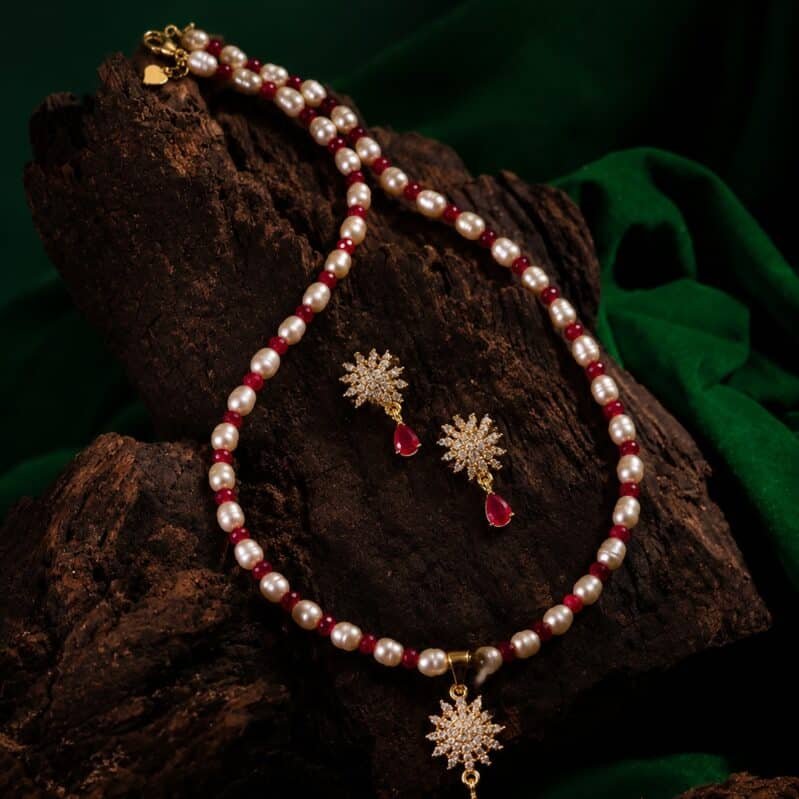 Pink Rice Pearl Necklace Set with Ruby Accents