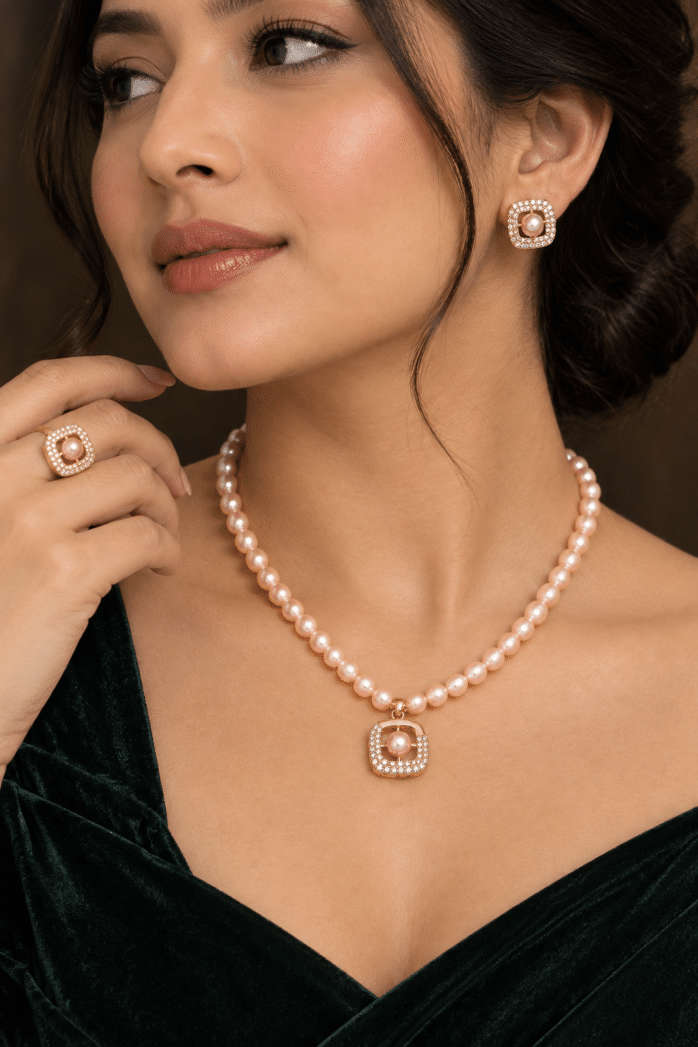 Pink Pearl Jewellery Set with Ring