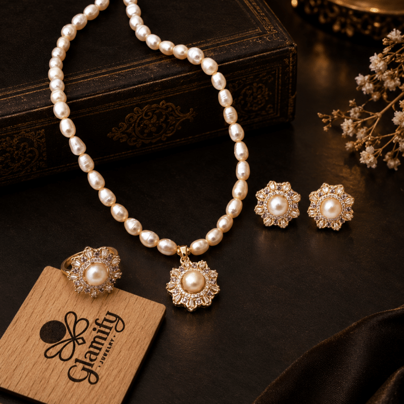 Pink Pearl Necklace Set with Floral Pendant, Earrings & Adjustable Ring