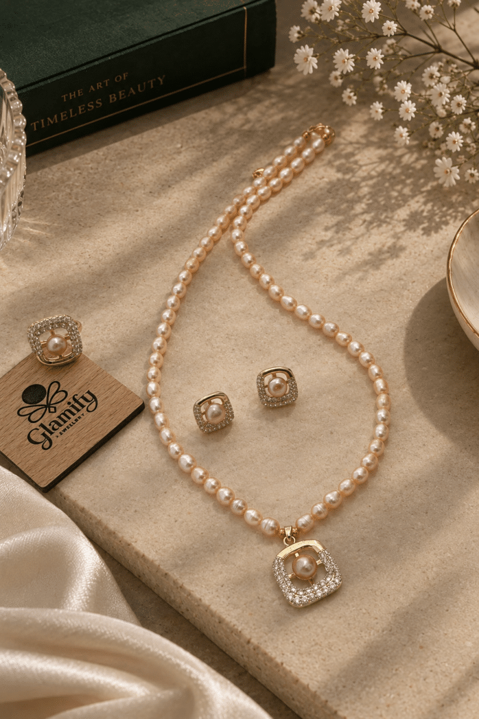 Pink freshwater pearl necklace set with square stone-detailed pendant, matching earrings and adjustable ring by Glamify