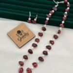 Red uncut pearl necklace with white pearls and matching earrings, 17 inch