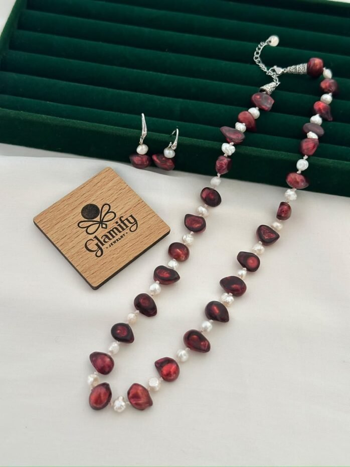 Red uncut pearl necklace with white pearls and matching earrings, 17 inch