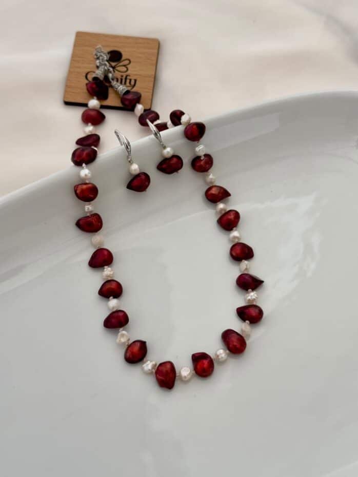 Red uncut pearl necklace with white pearls and matching earrings, 17 inch